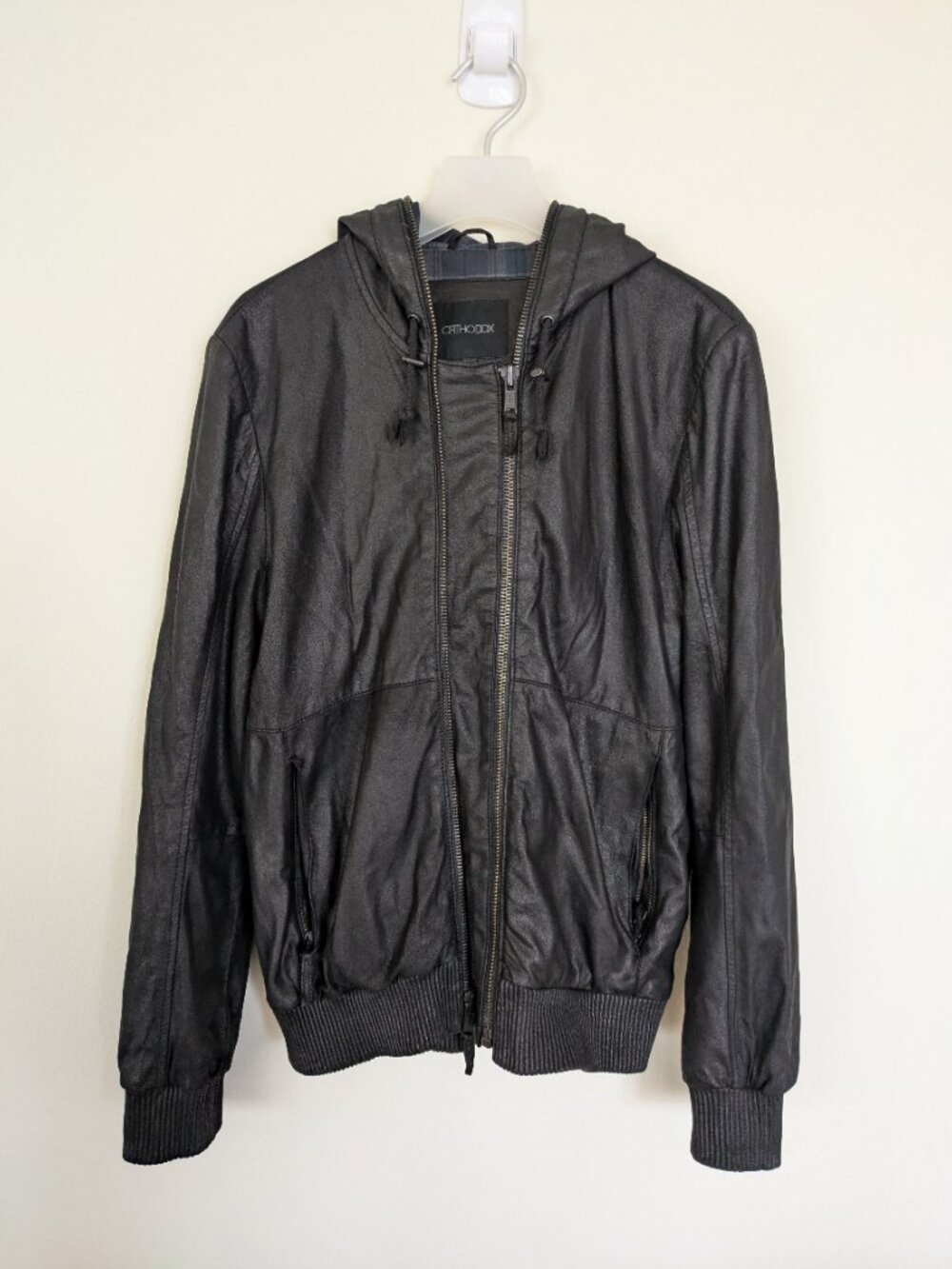 Orthodox Men’s Leather Hooded Jacket Hoodie Small